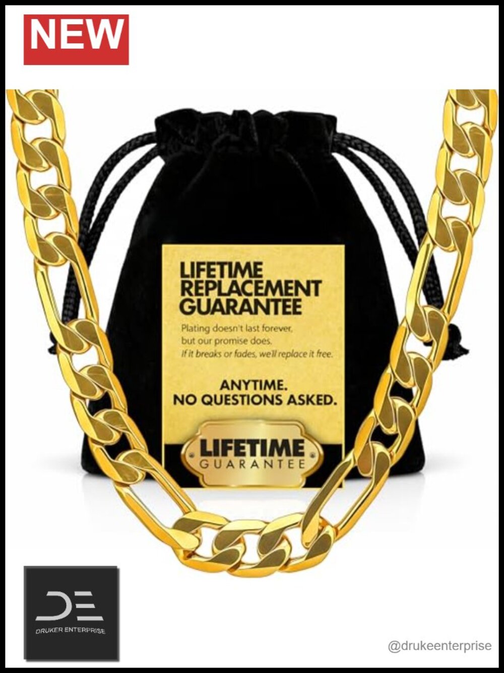 24k Real Gold Plated Beveled Figaro Chain Necklace Solid Brass Lobster Clasp